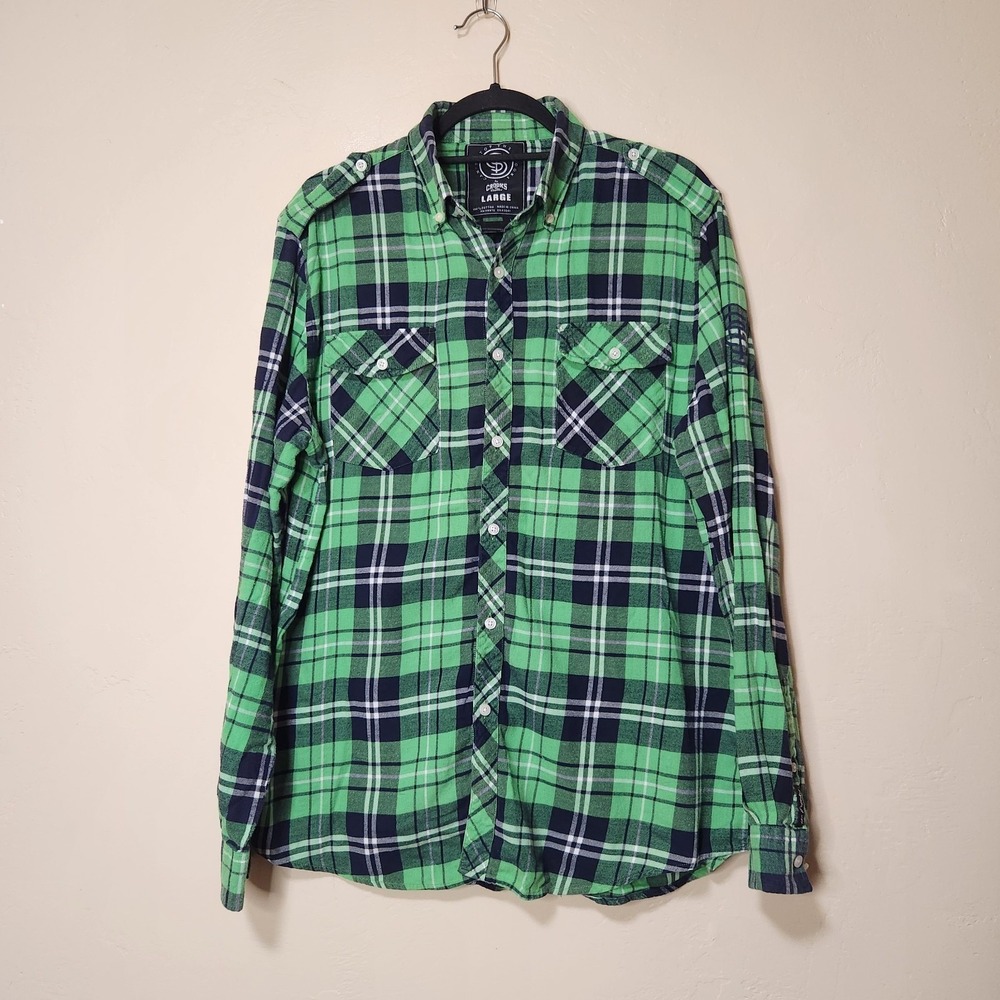 Crooks‎ and Castles Green Plaid Button Front Flannel Mens Size Large